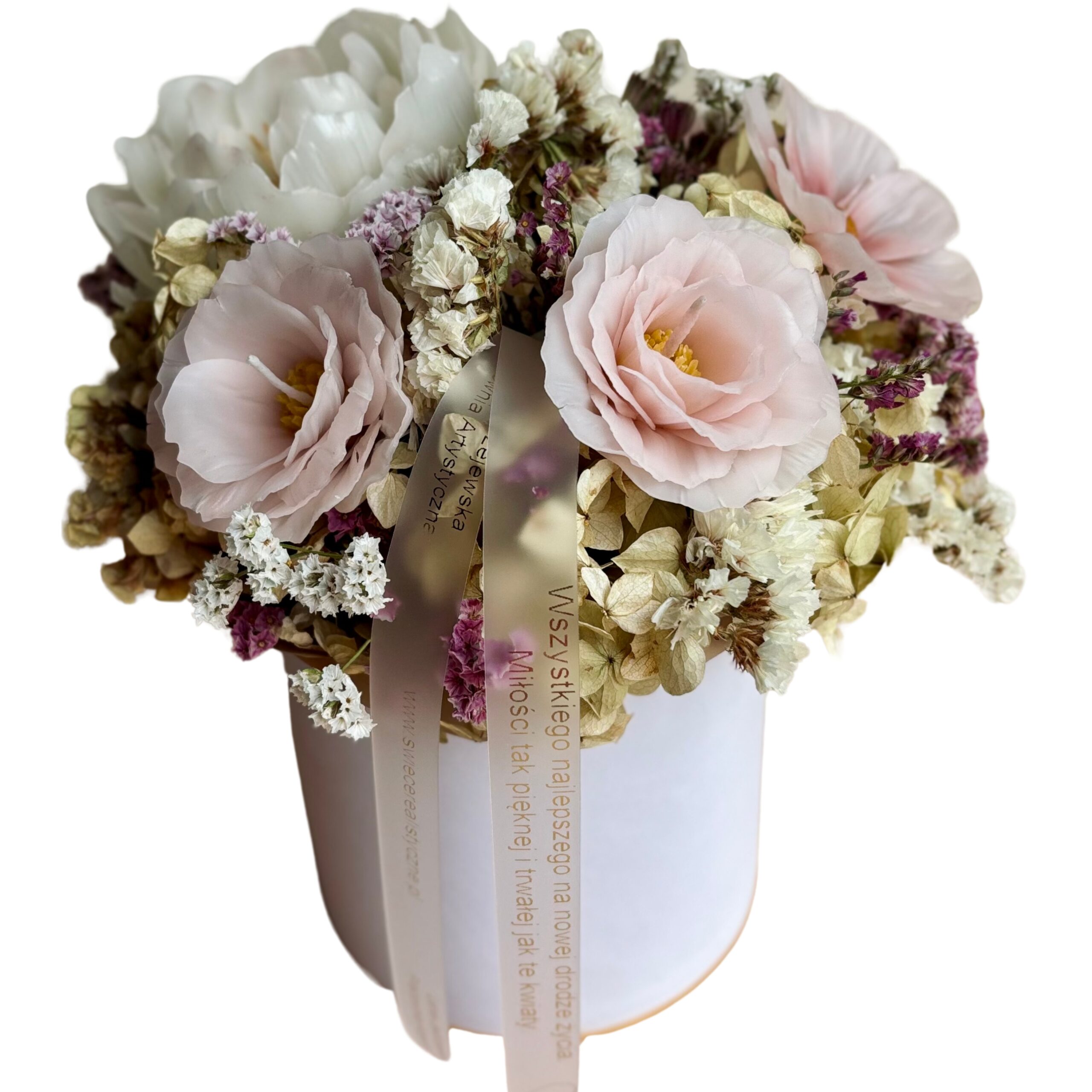 Box wykonany z 5/6 kwiatów z dodatkami